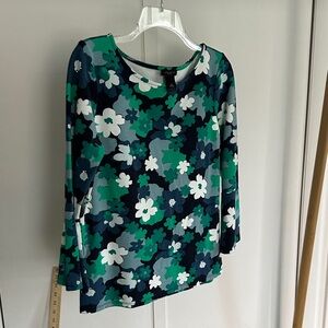 Ann Taylor Factory Green Navy and White Floral Scoop-Neck Long Sleeve Top